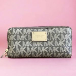 Michael Kors Black & Gray Wallet With Silver Logo Plate On Front. Gold Zipper